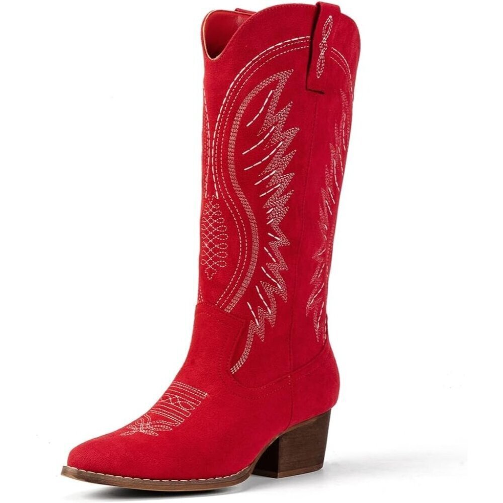 Womens Red Western Cowboy Boots Embroidered Ankle Booties Block Heel Zips